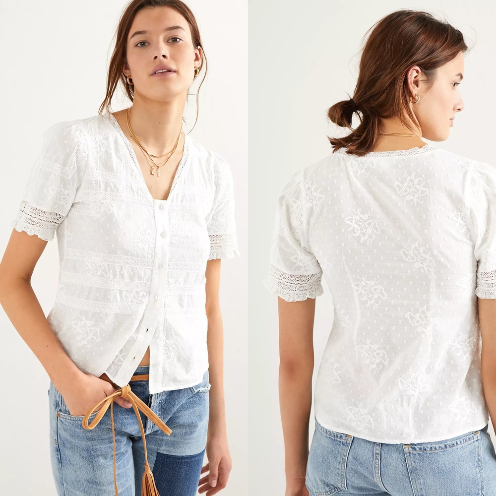 Anthropologie Forever That Girl White Lace Trim Button Down Top SZ 14 Boho